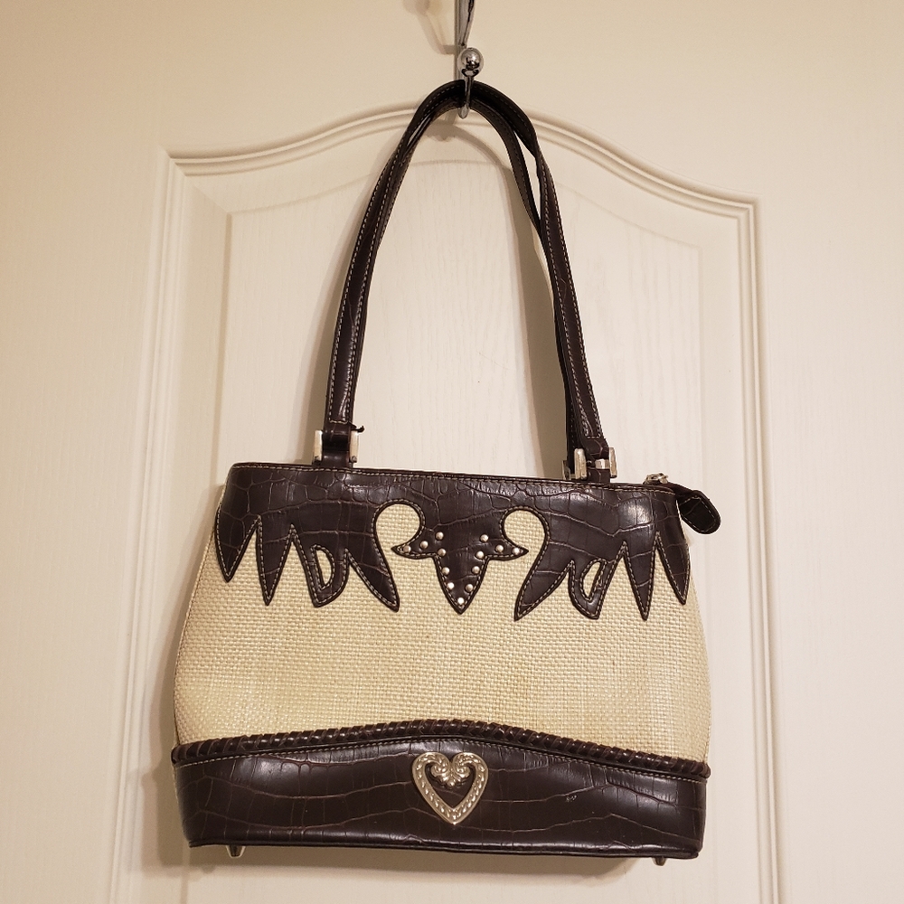 Beautiful Cream and Brown Hand Bag with Silver Accents!